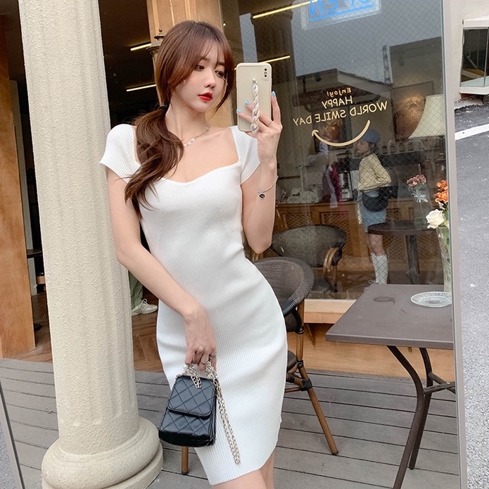 Đầm body sexy nữ hở lưng cổ vuông trắng đen be mặc nhà LOKISO VD03 | BigBuy360 - bigbuy360.vn