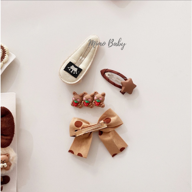 Set kẹp tóc tone nâu họa tiết dễ thương cho bé gái KT32 Mimo Baby
