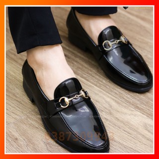 Giày Lười Nam Da Bóng Đế Cao Su Cao 3cm - Màu Đen - Mã L158 - Hàng Việt Nam
