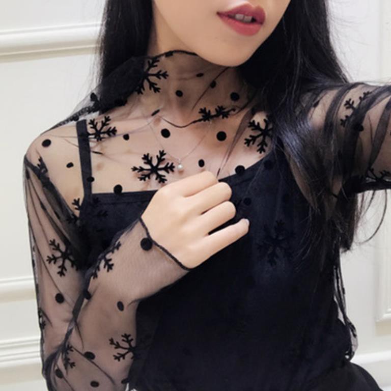 Women Mesh T-shirts Long Sleeve Tops Hot Sexy High Neck Black Lace Bottoming Shirts Punk Chic T Shirt Women ་