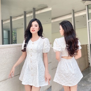 Váy gấm mềm 2 lớp cut out lưng chun, đầm tiểu thư 2022