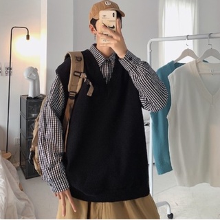 Áo gile nam không tay len bigsize ulzzang hàn quốc áo len nam gile trơn form rộng cổ V mặc ngoài học sinh đi học công sở