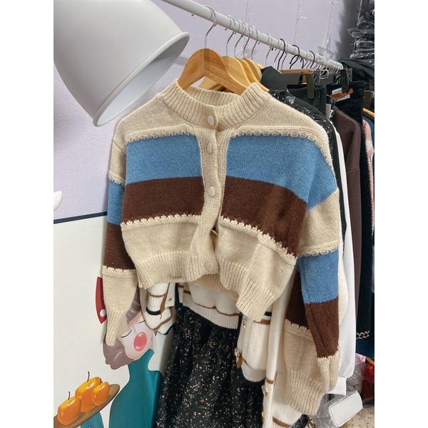Áo cardigan len dáng ngắn phối màu vintage phong cách hàn quốc | BigBuy360 - bigbuy360.vn