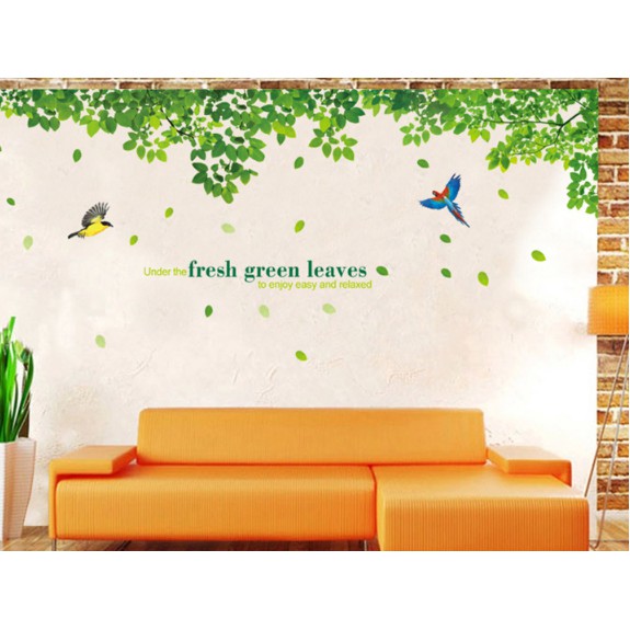 Decal trang trí Lá Cây Chim sắc màu kèm chữ size lớn