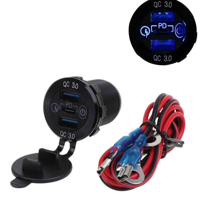 Tẩu Sạc Hai Cổng USB + USB C 63W PD 12V 24V Có Đèn LED Cho Xe Hơi
