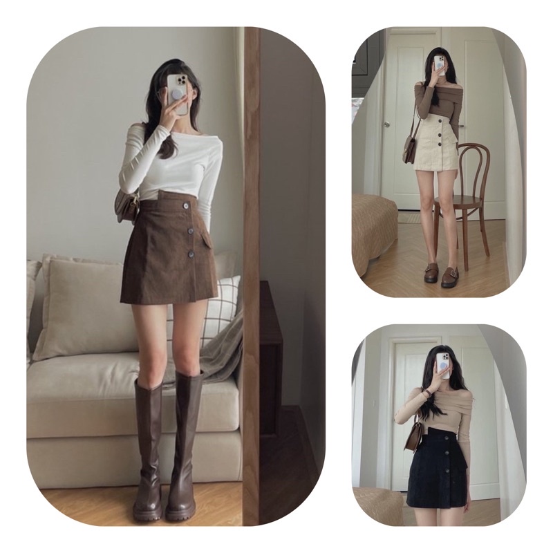 Chân váy chữ a ngắn cạp lệch chất nhung tăm có quần lót trong quần giả váy nữ năng động cá tính Mã_099