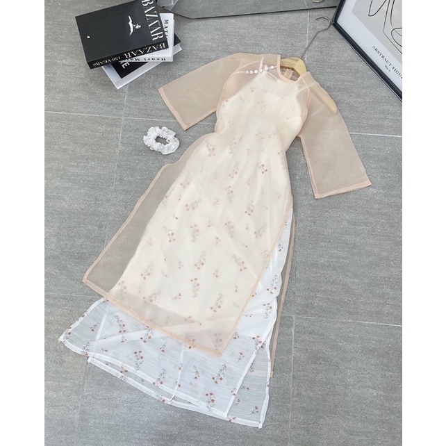 Set áo dài voan tơ thêu hoa kèm cột tóc