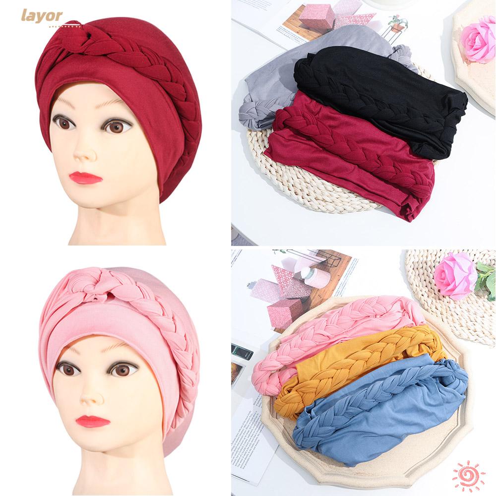 [LAY] Elastic Headscarf Side Braid Hair Loss Cover Turban Caps Women Fashion Solid Color Muslim Cancer Chemo Cap/Multicolor