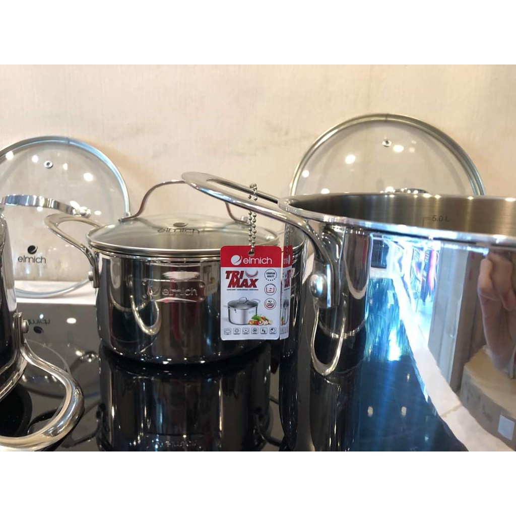 BỘ NỒI CHẢO ELMICH 3742 INOX CAO CẤP 3 LỚP ĐÁY LIỀN TRI-MAX 4 CHIẾC SIZE 18CM, 20CM, 26CM VÀ CHẢO 26CM