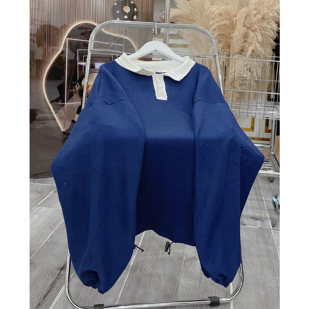 Áo Thun Polo Cổ Bẻ Dài Tay Dáng Rộng Thêu Ngực Dây Rút Nam Nữ Unisex Phối Cổ Sweater