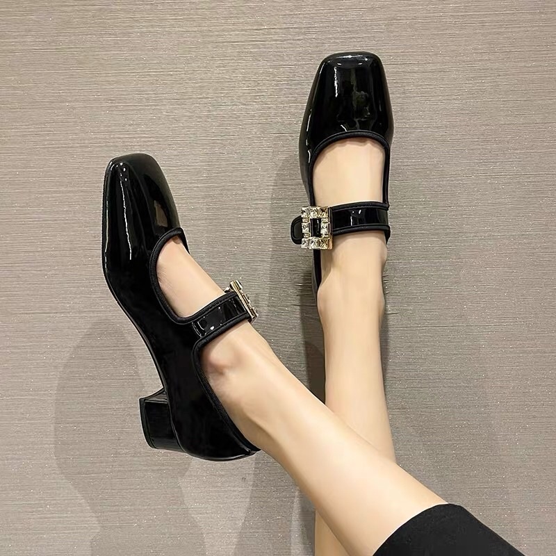 Giày búp bê cho nữ khuy đá mũi vuông đế cao 4cm