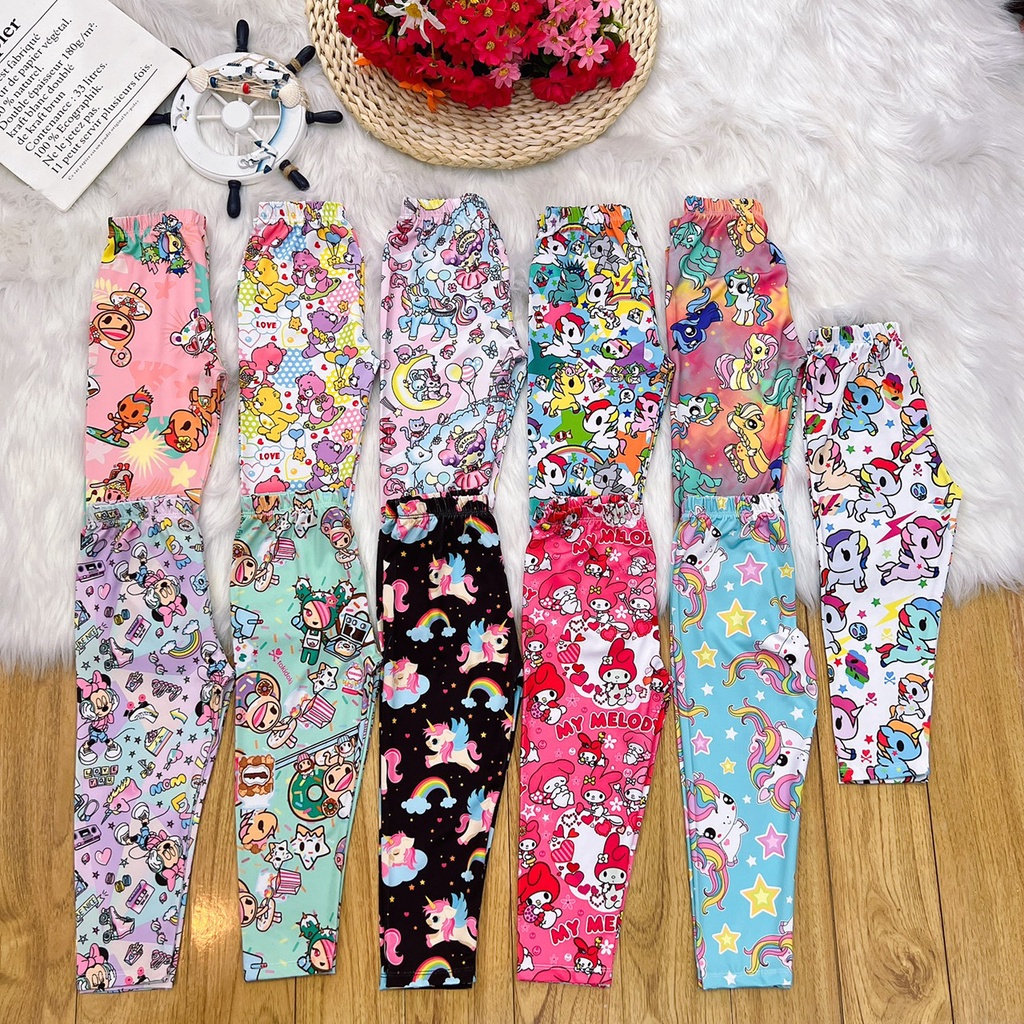 10-40kg Quần legging thun lạnh in 3d co dãn cho bé gái họa tiết dễ thương không xù không bong tróc