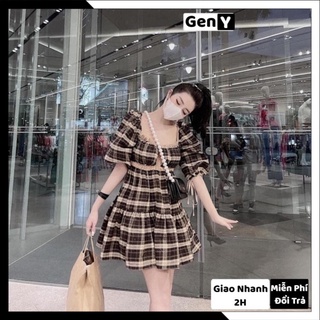 [XẢ KHO_FREESHIP]  [XẢ KHO_FREESHIP] Đầm Babydoll Tay Phồng Cổ Vuông Siêu Xinh [Chất Đẹp] Đầm Kẻ Caro Dáng Xòe Phong 