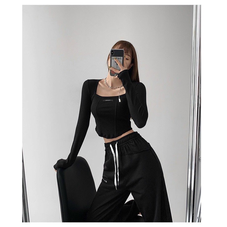 Áo Croptop Cổ Vuông Tay Dài Vạt Bầu Kèm Tag Sang Chảnh