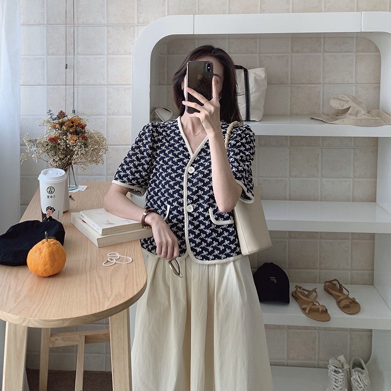 Áo kiểu ngắn tay thiết kế khuy gài xinh xắn thời trang phong cách Hàn Quốc cho nữ