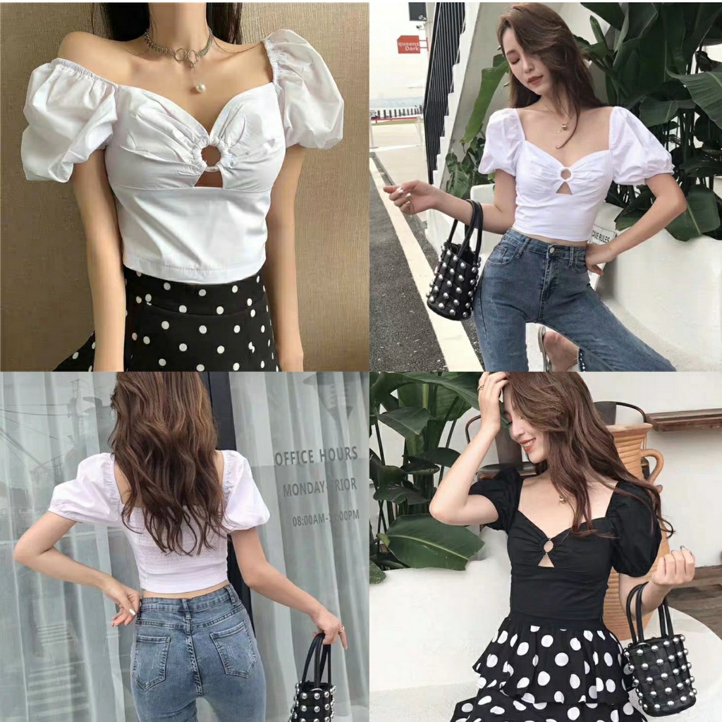 ÁO CROPTOP CHUN TAY LƯNG ĐEN TRẮNG HOT