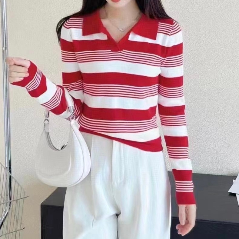 SUXI Áo Dệt Kim Tay Dài Dáng Rộng Họa Tiết Kẻ Sọc Màu Sắc Tương Phản Phong Cách Cổ Điển Thời Trang Cho Nữ