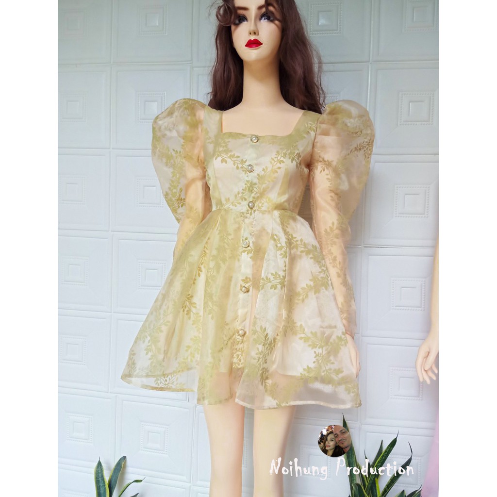 Váy đầm đủ size 40-70kg dáng xòe organza họa tiết lá cổ vuông tay bồng dài hotgirl đẹp xinh trẻ trung s m l xl đi tiệc