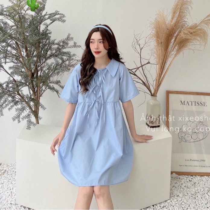 Đầm baby doll cổ sơ mi đan dây trước chuẩn đẹp form dưới >60kg(B.c)