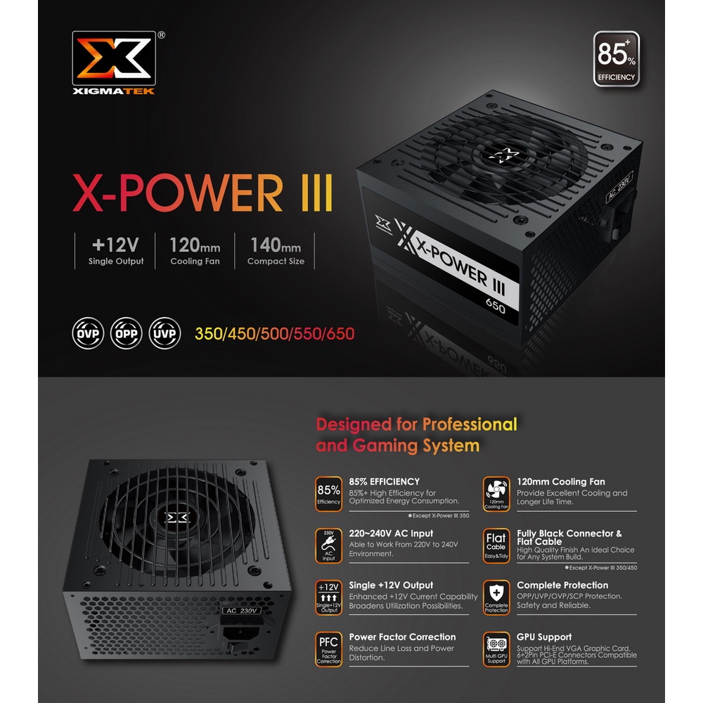 Nguồn máy tính XIGMATEK X-POWER III X-350/ X-450/ X-650 Hàng chính hãng Quạt tản nhiệt 120mm bảo hành 36 tháng