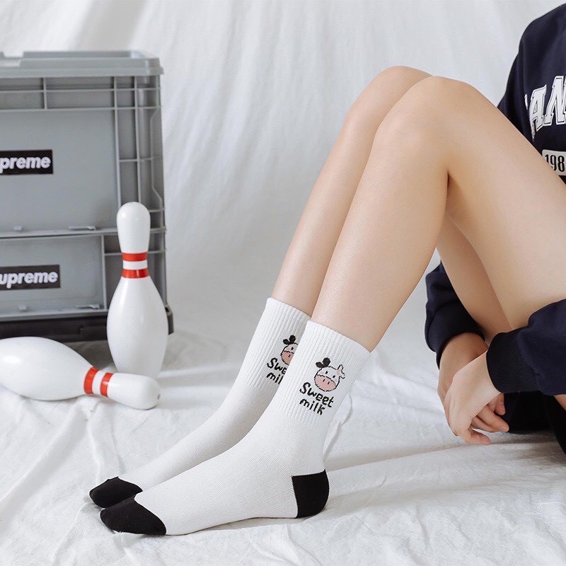 Tất nữ cổ cao EMOJI bộ sưu tập bò sữa đáng yêu vớ cotton Hàn siêu mềm thoáng khí hút ẩm và khử mùi TD033
