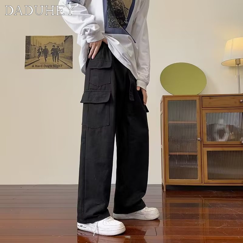 DaDuHey American Retro Autumn Multi-Pocket Elastic Waist Overalls Men and Women Oversize Baggy Straight Pants