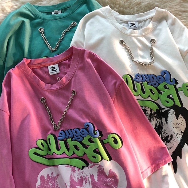 Áo Thun Tay Lỡ Phối Dây Xích Thời Trang Cá Tính 191159Phiên Bản Hàn Quốc In Áo Cổ Tròn Hợp Thời Trang