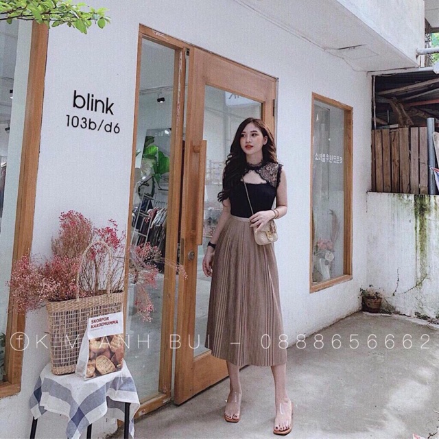 Chân váy midi dập ly nhỏ freesize chuẩn hàng QC