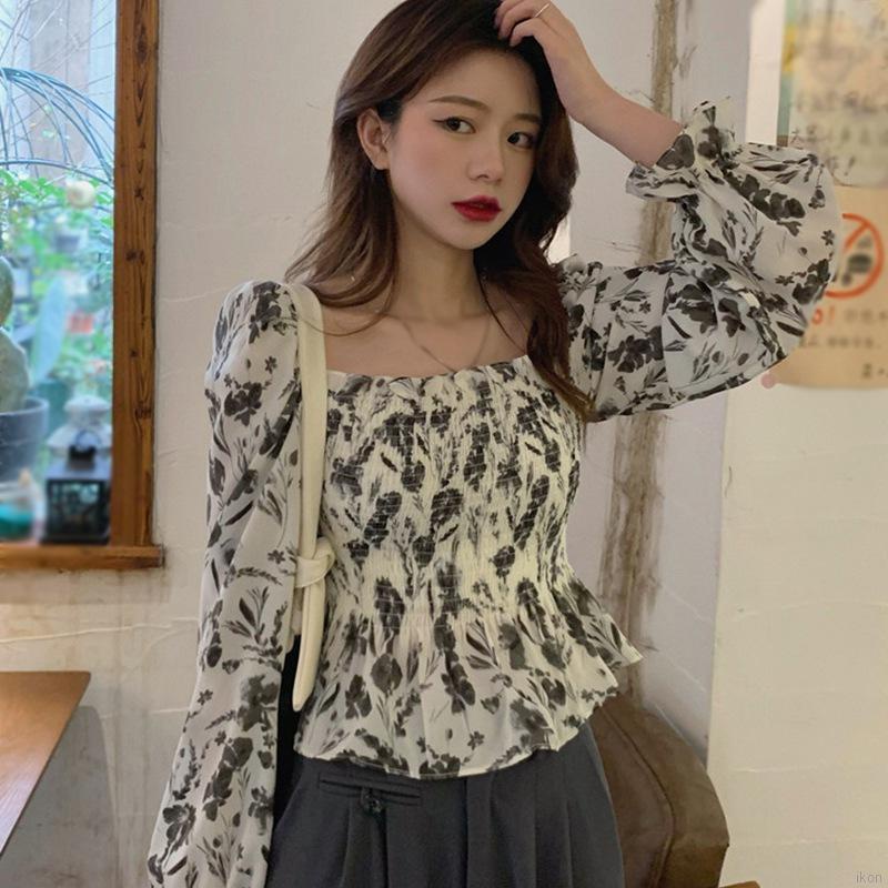 Áo croptop chiffon cổ vuông in họa tiết hoa phong cách Hàn Quốc quyến rũ cho nữ