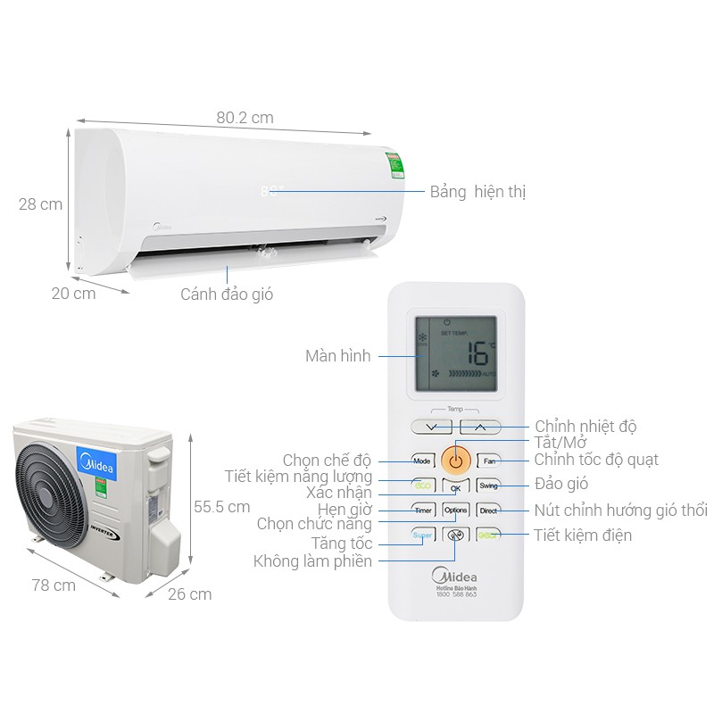 MIỄN PHÍ CÔNG LẮP ĐẶT & VẬT TƯ - Điều hòa không khí 1 chiều Midea 12000BTU Inverter – MSMA2-13CRDN1 Mới