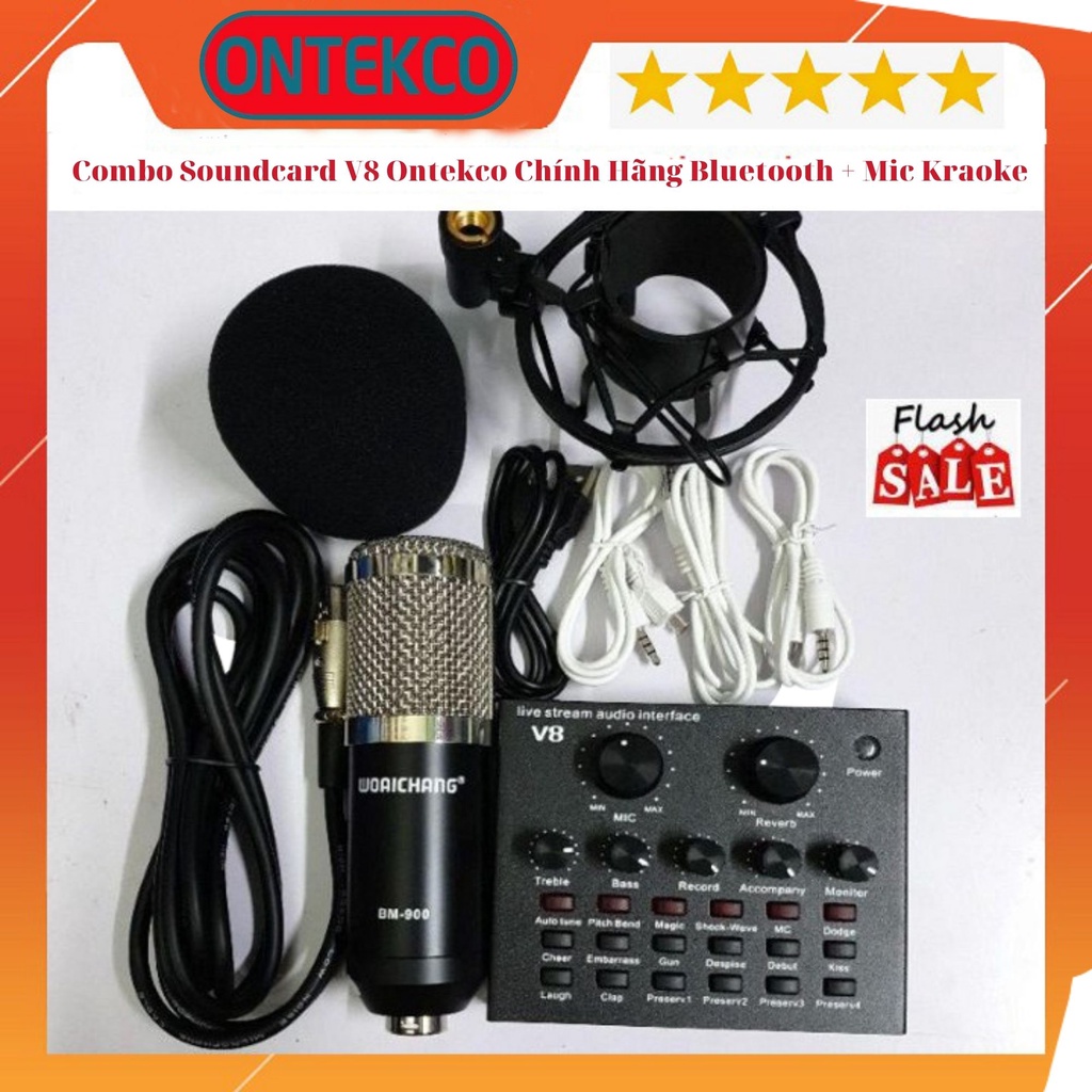 Trọn Bộ Soundcard V8 Chính Hãng Bluetooth + Mic Karaoke Livetream, Có