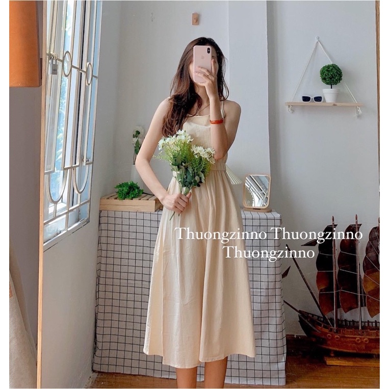 [Ảnh thật/Video]Đầm hai dây thô mềm tôn dáng thiết kế chun eo Váy hai dây chun eo dáng dài