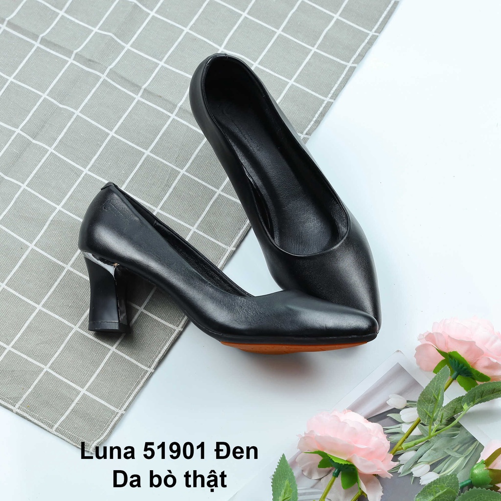 Cao gót nữ mũi nhọn guốc 5p Lunashoes 51902 giày da bò thật cho mẹ bảo hành 24 tháng vnxk guốc búp bê
