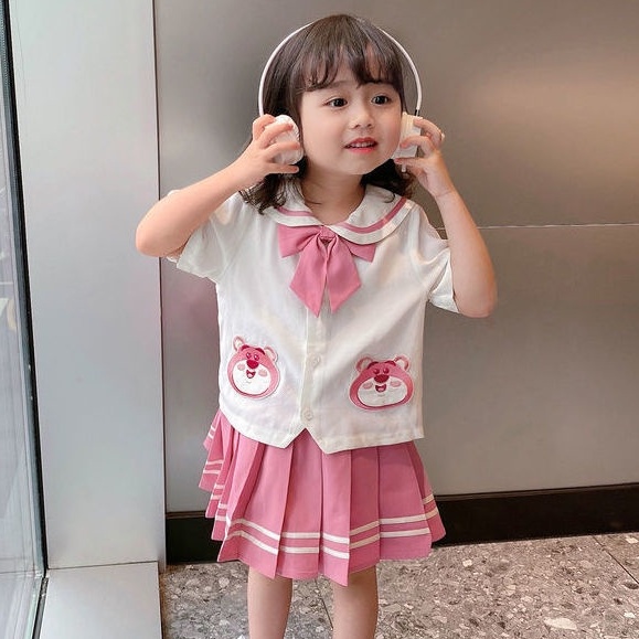 Bộ Áo Thun Ngắn Tay In Hoạt Hình + Chân Váy Thời Trang Mùa Hè Dành Cho Bé Gái