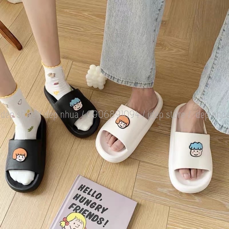Dép bánh mì hình Chibi Boy Girl nữ quai ngang siêu nhẹ đi trong nhà Maipy DL156