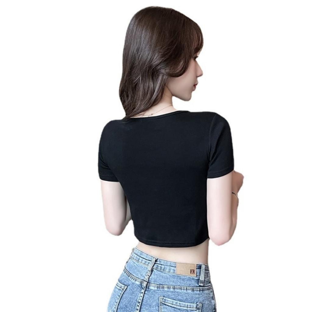 Áo croptop nữ tay ngắn phối màu kèm rút dây 2 bên Xquin, Áo kiểu nữ ôm body in chữ trước ngực chất borip dày dặn