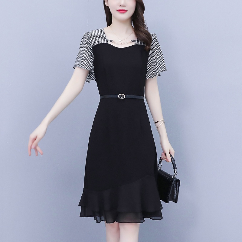 🌸Hàng Order(Sẵn M,L)🌸 Váy Đầm Bigsize Phối Tay Kẻ Thắt Đai Bản Nhỏ Chân Váy Đuôi Cá Thanh Lịch Nữ Tính🌸Hàng Quảng Châu