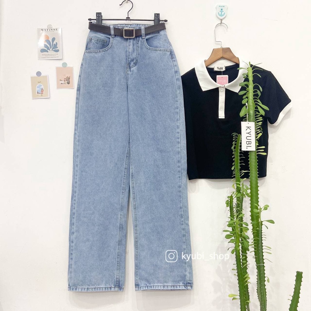 Quần jean nữ  lưng cao dáng suông Ulzzang (Có Bigsize) - Quần jeans ống rộng suông cạp cao KYUBI BIGOES