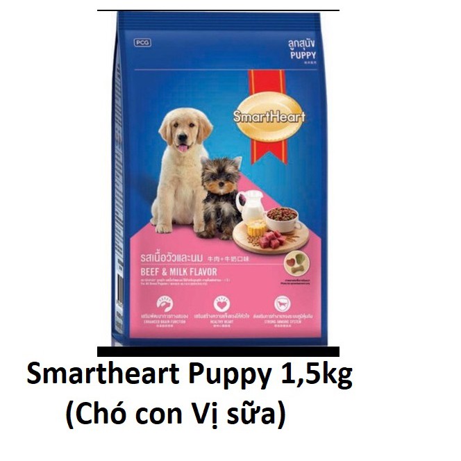 HCM-Thức ăn chó dạng hạt cao cấp Smartheart Puppy gói 1,5kg (dành cho chó dưới 1 năm tuổi)  vị sữa