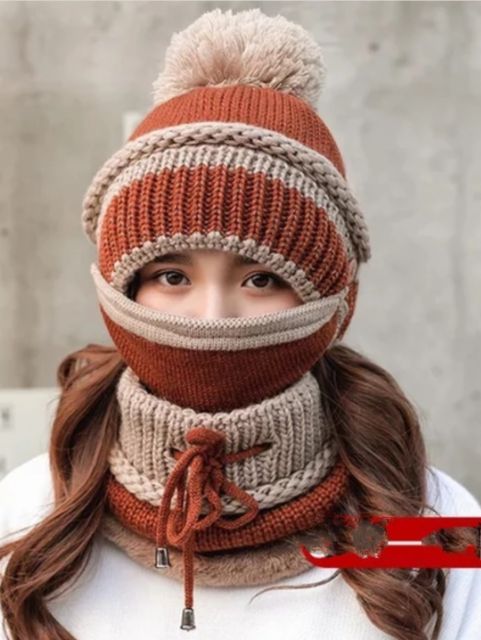 Nón len nữ mũ Len nữ kèm khăn choàng + khẩu trang y hình thời trang Hàn Quốc
