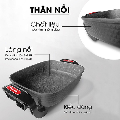 Nồi lẩu điện đa năng SATO 50NL51, Bếp lẩu đa năng dung tích 5L nấu, xào rán, Phù hợp cho 4 - 6 người Bảo hành 12 tháng