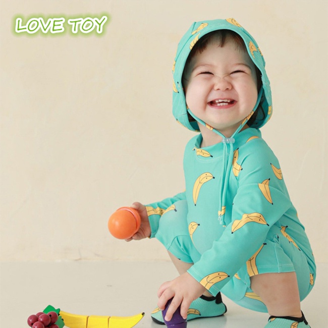 Set Đồ Bơi 2 Mảnh Cổ Tròn In Hình Trái Cây Khô Nhanh Kèm Mũ Che Nắng Dành Cho Bé