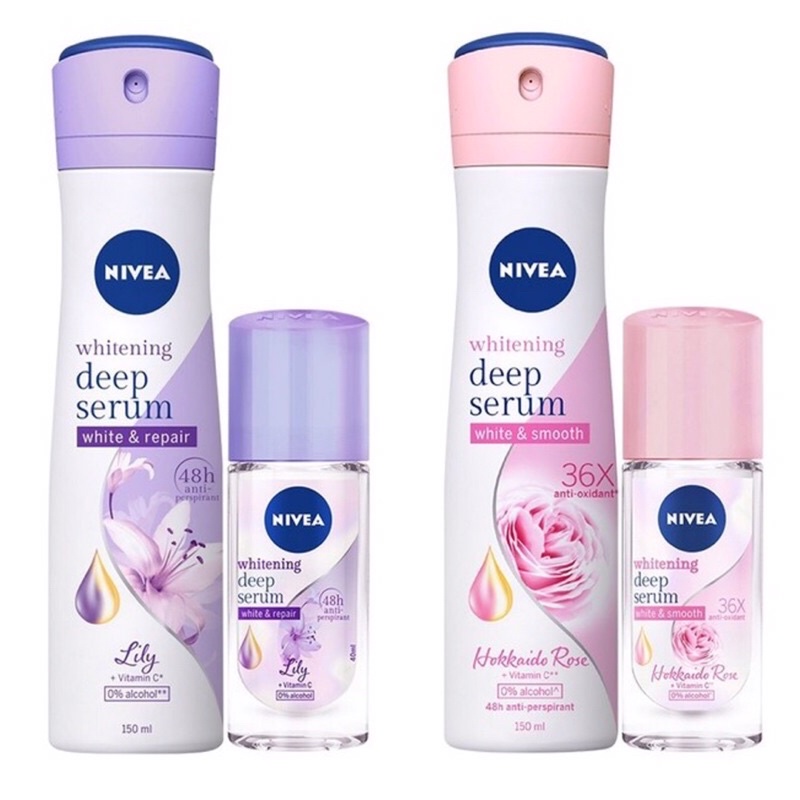 Bộ Đôi Xịt và Lăn Ngăn Mùi Nivea Whitening Deep Serum hương hoa (150ml+40ml)