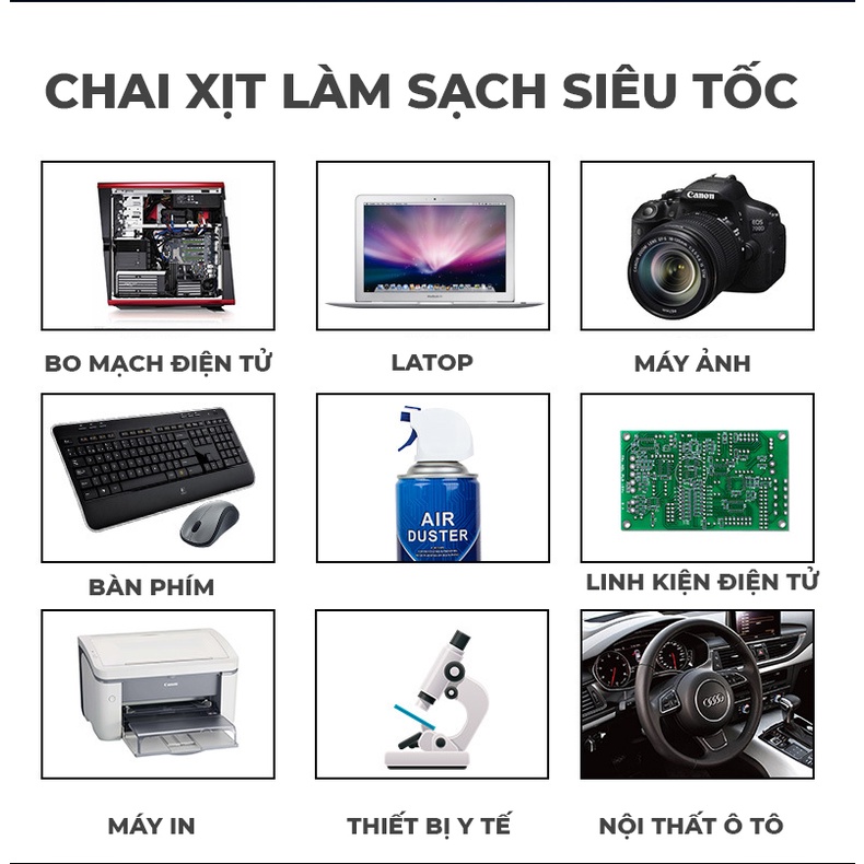 ✅ Chai Xịt Air Duster Làm Sạch Nhanh Bo Mạch Điện Tử, Linh Kiện, Máy Ảnh, Bàn Phím, Màn Hình Laptop, Ti Vi, Điện Thoạị