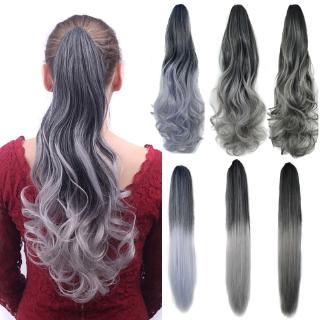 Phần tóc giả làm dày tóc đuôi ngựa thẳng/xoăn màu ombre xám 22inch 150g