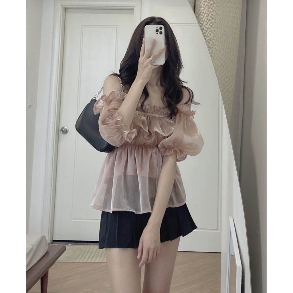 Áo trễ vai tay lỡ, áo croptop nữ trơn tay bồng vải tơ mềm 2 lớp bo chun 3 màu DASKI