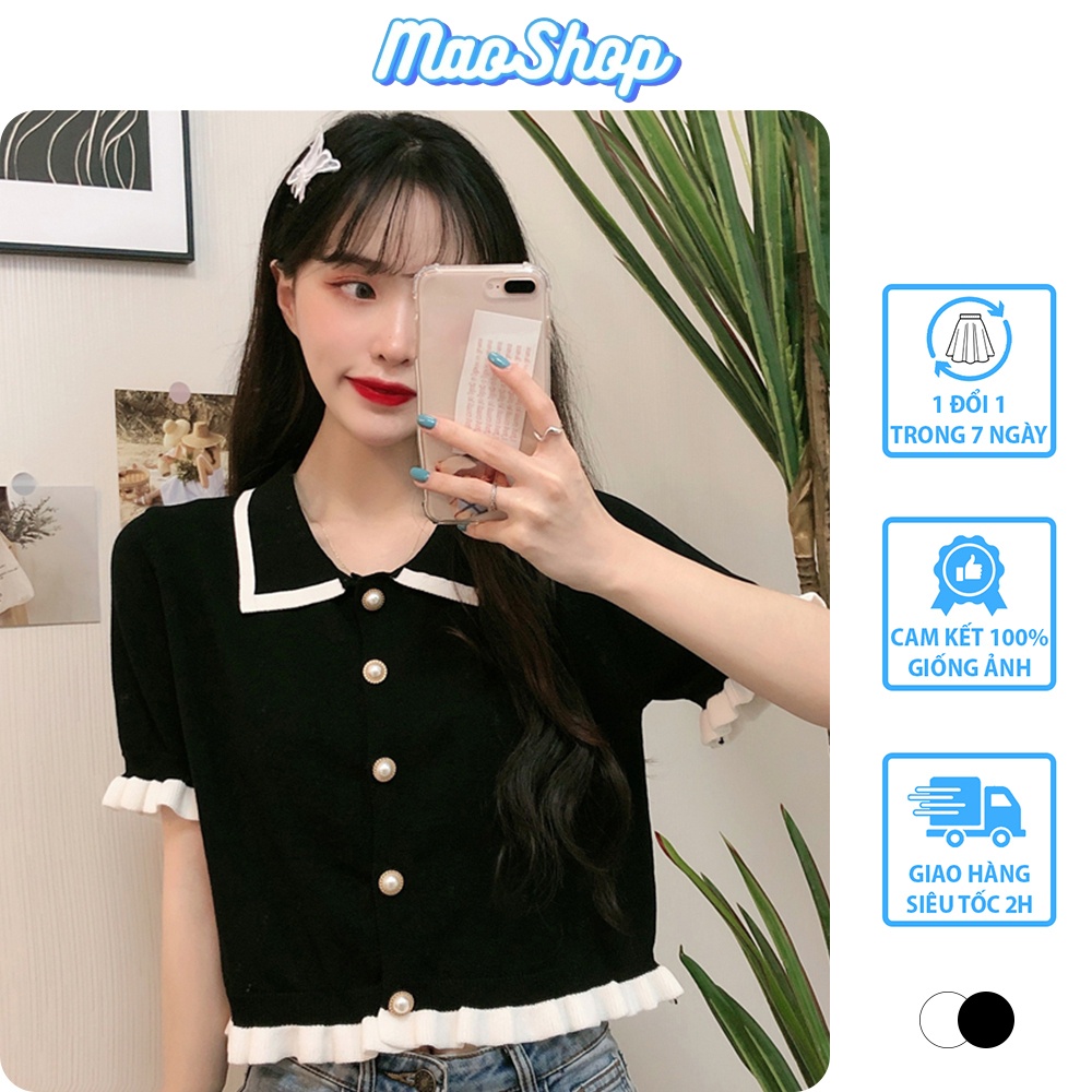 Áo Ulzzang nữ dáng croptop cổ Polo chất len tăm đen viền trắng độc đáo phong cách Hàn Quốc C23 - Maoshop