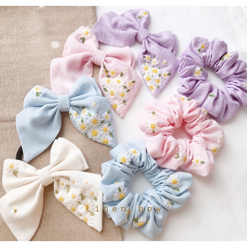 Nơ và scrunchies thêu tay cúc hoạ mi xinh xắn
