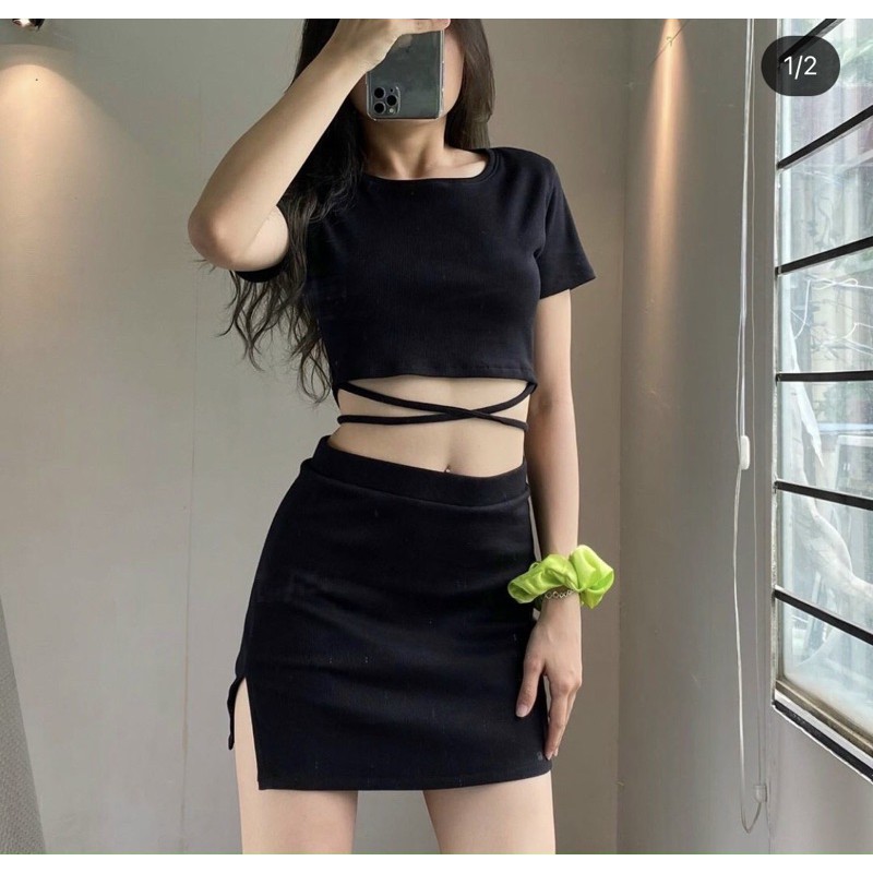 Áo croptop cột eo tay ngắn