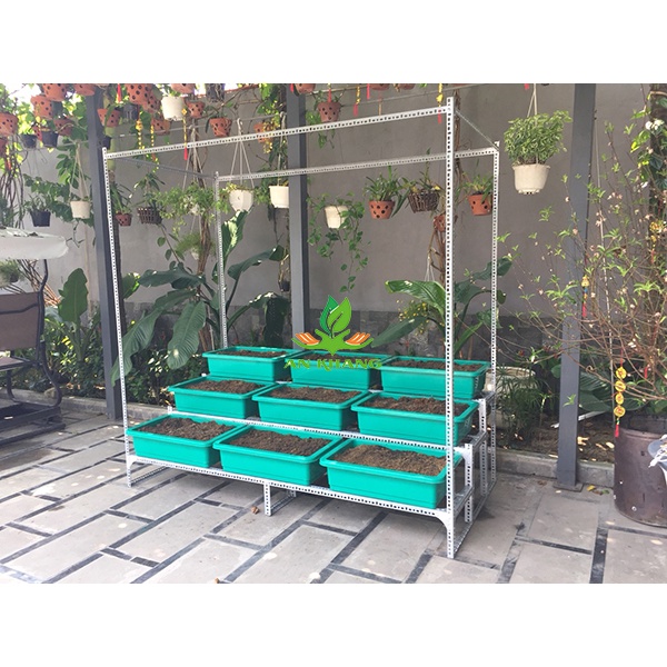 Khung kệ sắt V lỗ trồng rau sạch 3 tầng ,kệ bậc thang dùng cho 9 khay trồng rau đa năng